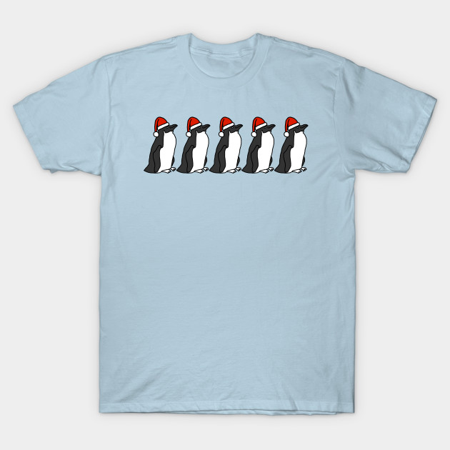 Five Penguins wearing Santa hats